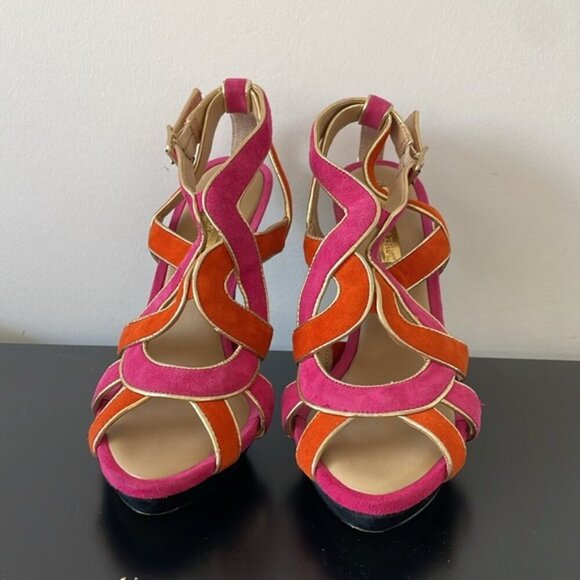 BCBG MaxAzria Kaycee Strappy open toe Suede Platform Sandals 8.5 pink/orange - Picture 4 of 9